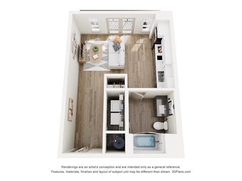 A 3D floor plan of a small apartment with a kitchen, living room, and bathroom.